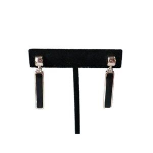 Vintage Pierced Earrings Dangle Black Onyx with Silver Toned Metal